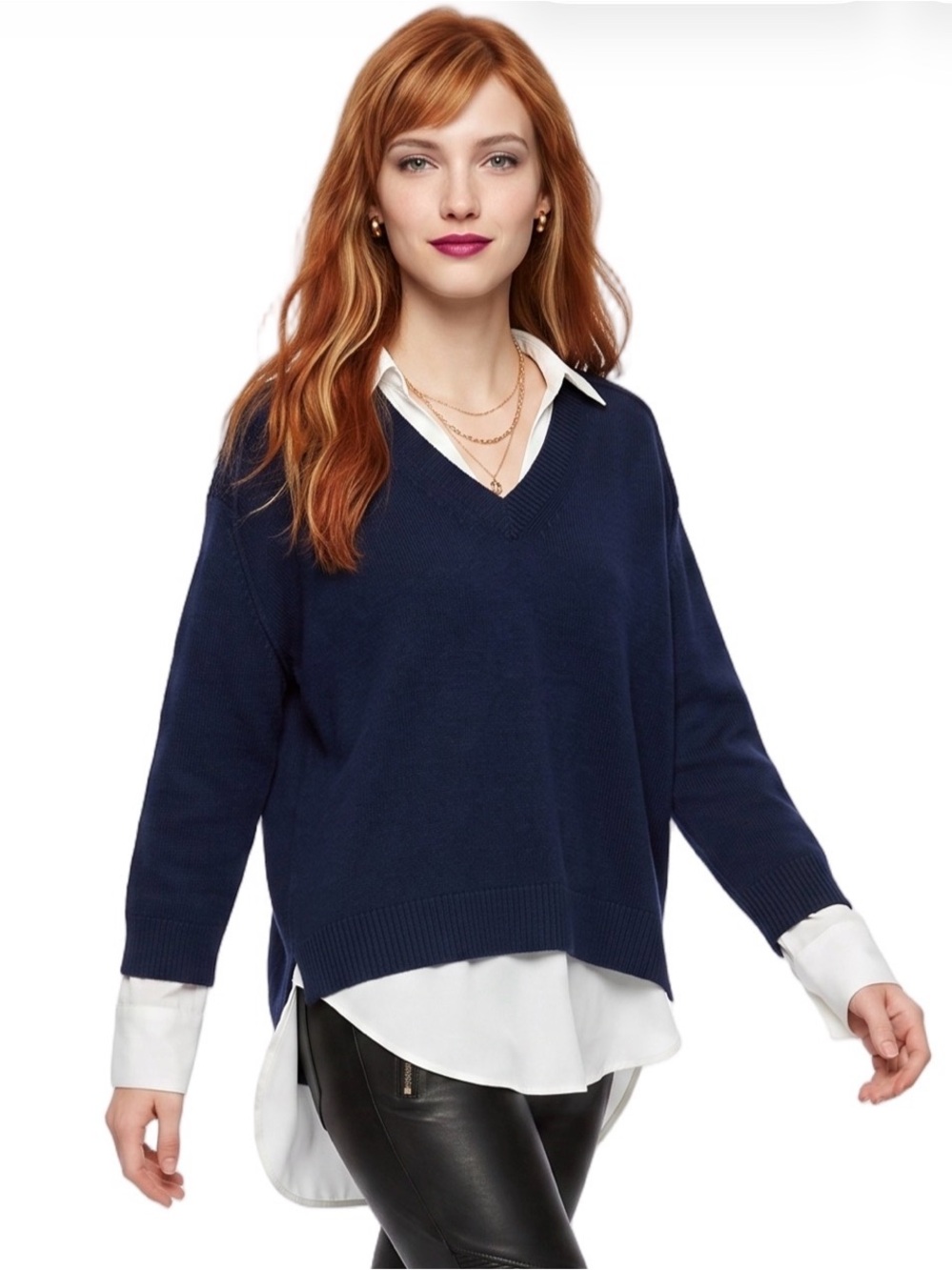 BROCHU WALKER Blue V-Neck Long sleeve Sweater Layered Look Sewn in White Shirt - Picture 16 of 16